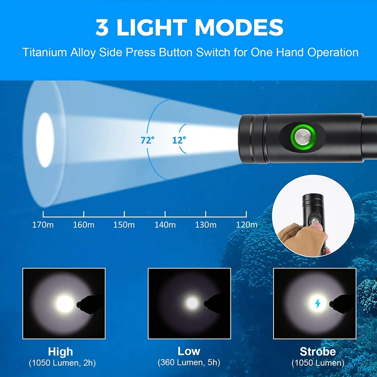 Professional Diving Flashlight Professional Scuba Torch Odepro WD12 High Power LED Flashlights Waterproof Submersible Dive Light