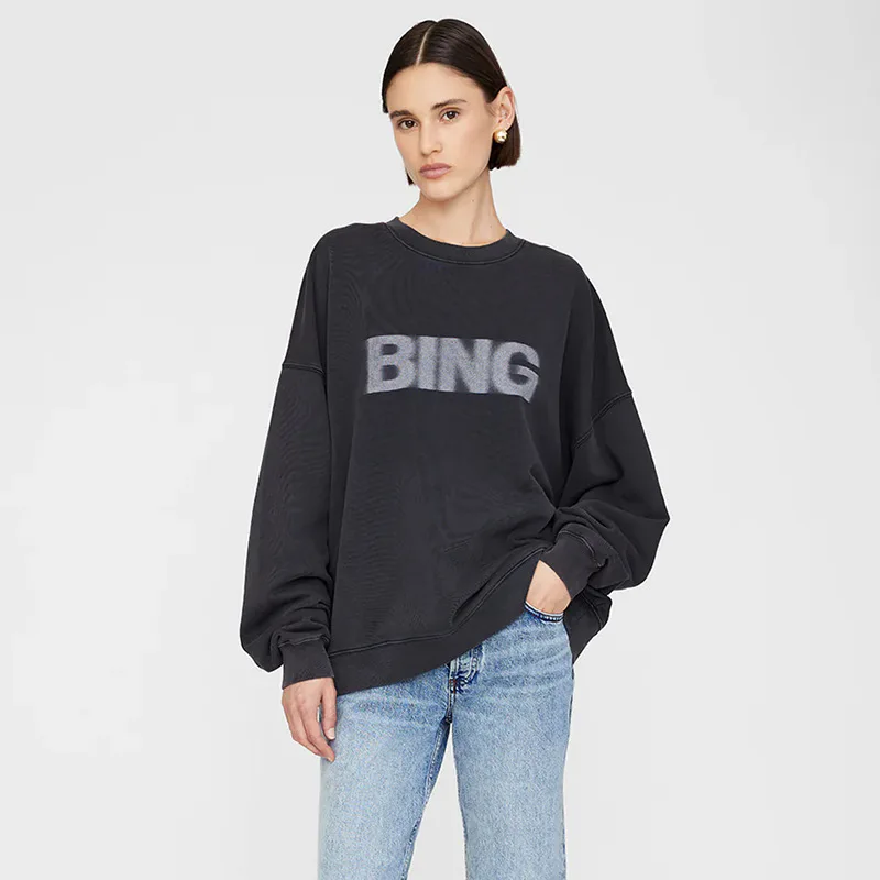 Winter new North American niche AB letter BING fuzzy printing washing water fried color old women's crew neck sweater