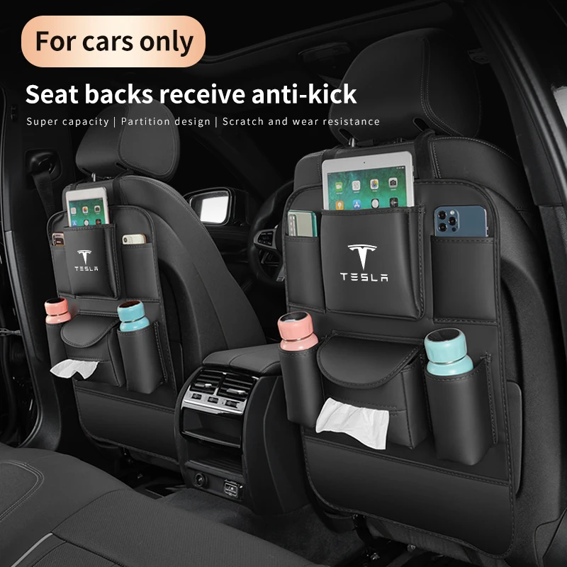 Tesla Model 3-Modell Y Modell S Modell X Autositzlehne Aufbewahrungstasche mit mehreren Taschen Hinten Anti-Verschleiß-Rückenlehnenschutz Anti-Kick-Pad
