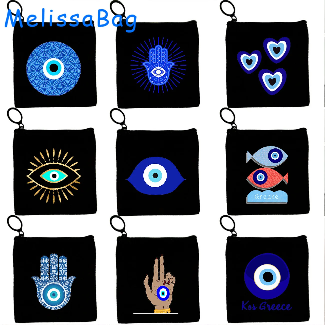 Greek Turkish Colorful Nazar Blue Evil Eye Hamsa Hand Girl Amulet GREECE Canvas Bag Coin Purse Key Case Bag Wallet Zipper Pouch