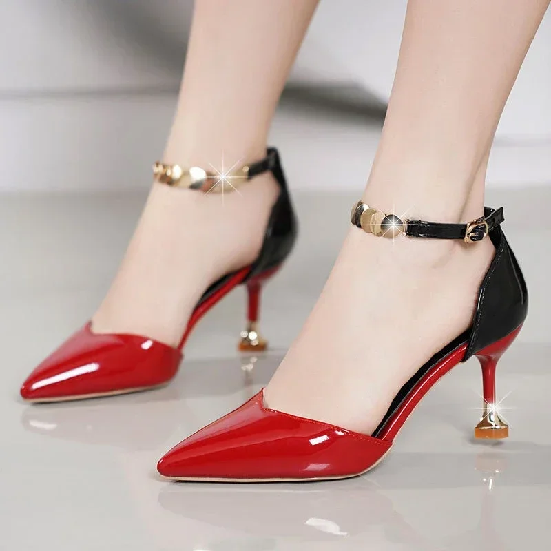 Women Fashion Heels Sweet Pointed Toe Buckles Strap Stiletto Heels Lady Cool Red Party Heel Shoes Outdoor 2024 Zapatos De Mujer