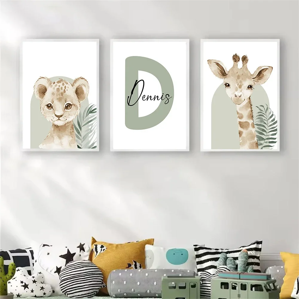 

Modern Nordic Green Cute Animal Art Print Custom Name Canvas Painting Lion Giraffe Poster Nursery Wall Pictures Kids Room Decor