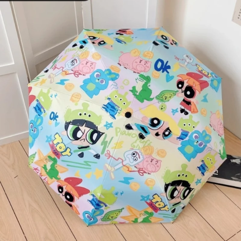 The Powerpuff anak perempuan kartun lucu perlindungan matahari otomatis hujan atau bersinar payung vinil pelajar lipat hadiah liburan