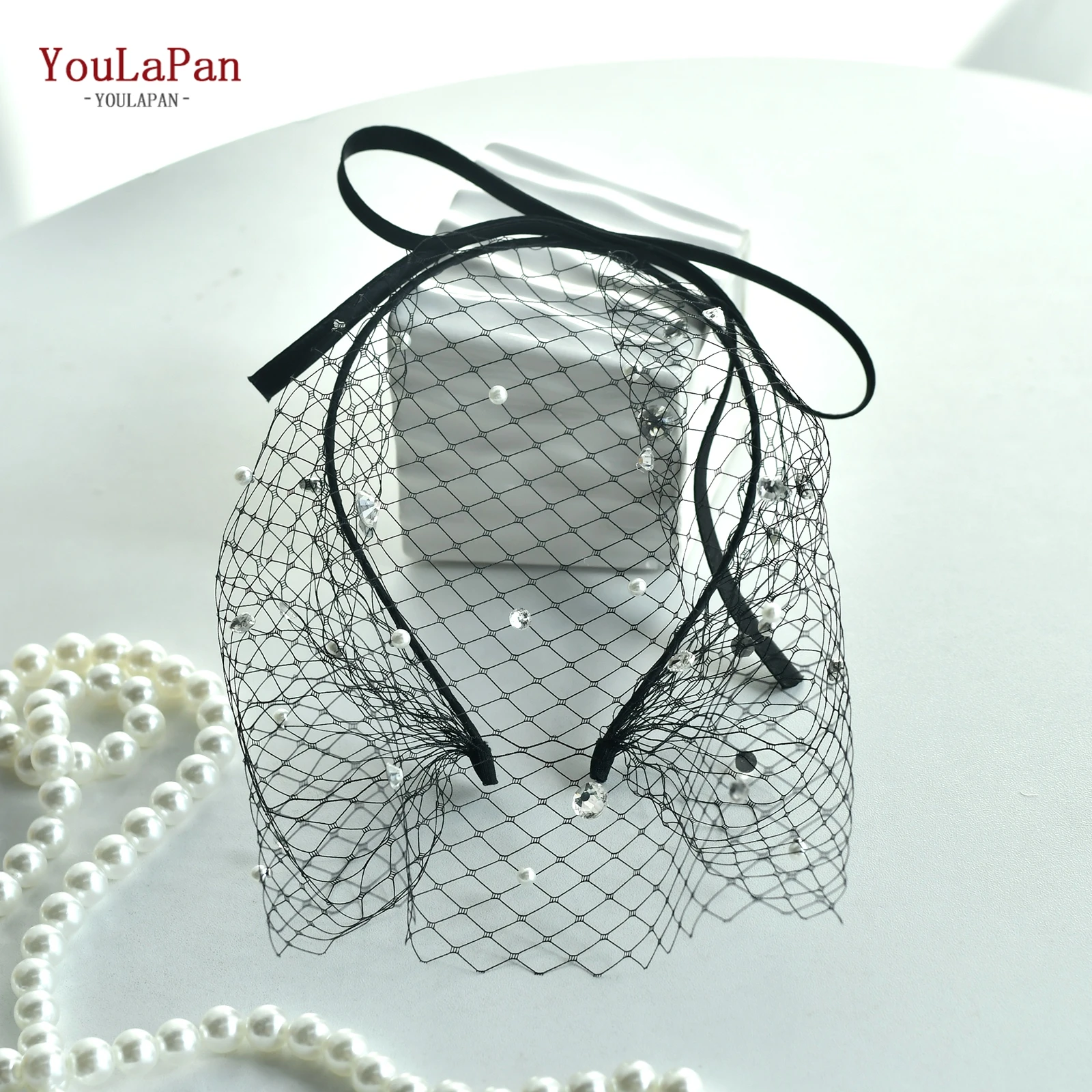 TOPQUEEN 100% Handmade Powder Blusher Veil Rhinestone Bird Cage Veil  Black With Pearl Bow Headband Veil Bridal Hair Veil Ma12 - view 6
