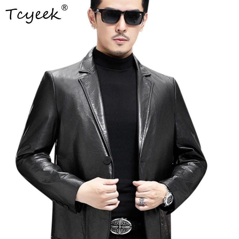 

Tcyeek Верхний слой из коровьей кожи Весна Осень Высококачественный модный костюм с воротником Мужская куртка из натуральной кожи Chaqueta Cuero Hombre 가죽 자켓