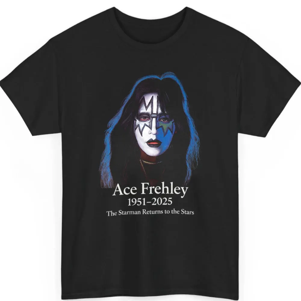 Rap ace frehley 1951-2025 camisetas gráficas ace frehley tributo camiseta obrigado pela memória de manga curta casual algodão mulher homem