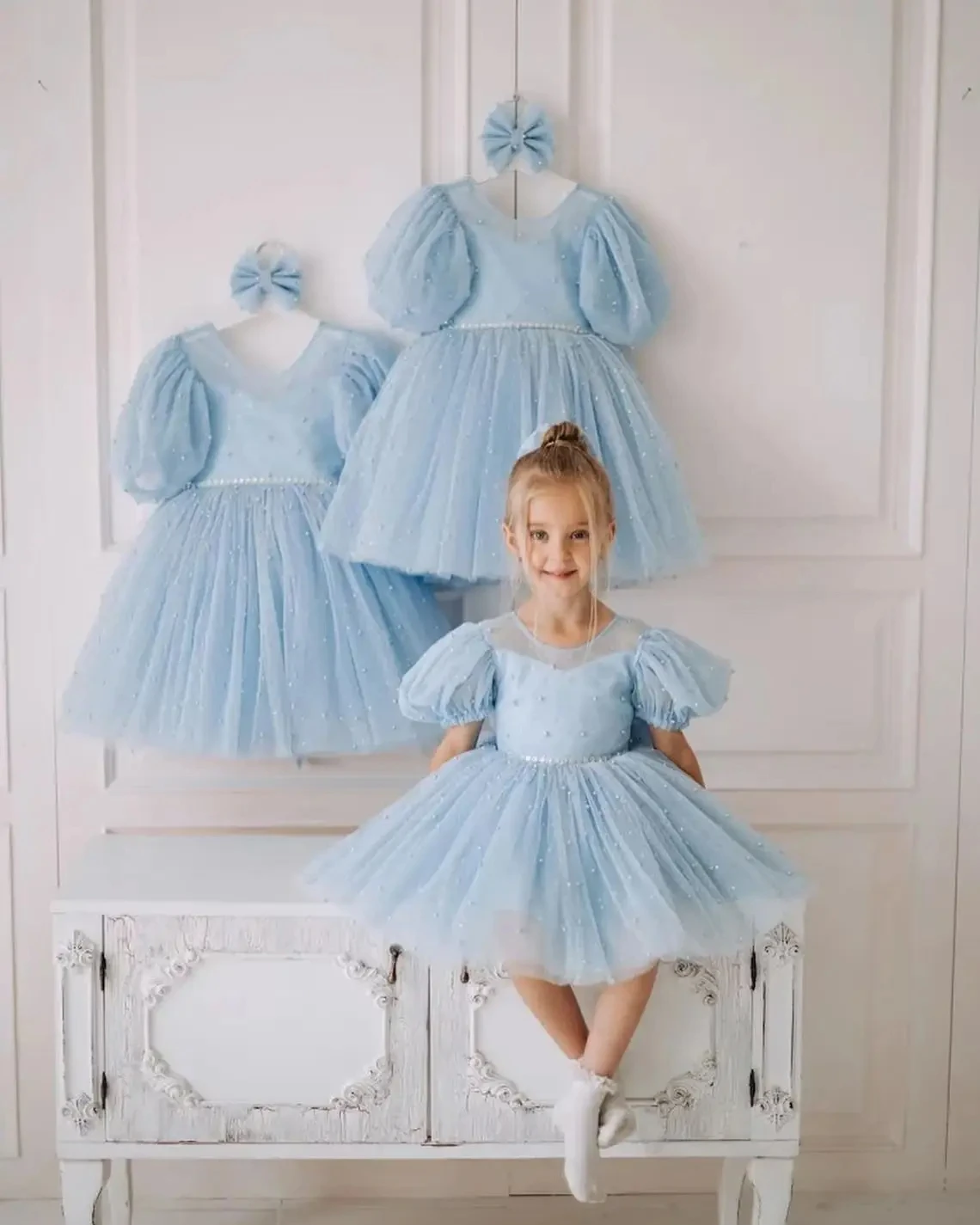 Blue Huge Bow Flower Girl Dresses Full Sleeves Lase Luxury Princess Pageant Dress For Birthday Party Gown First Holy Communion