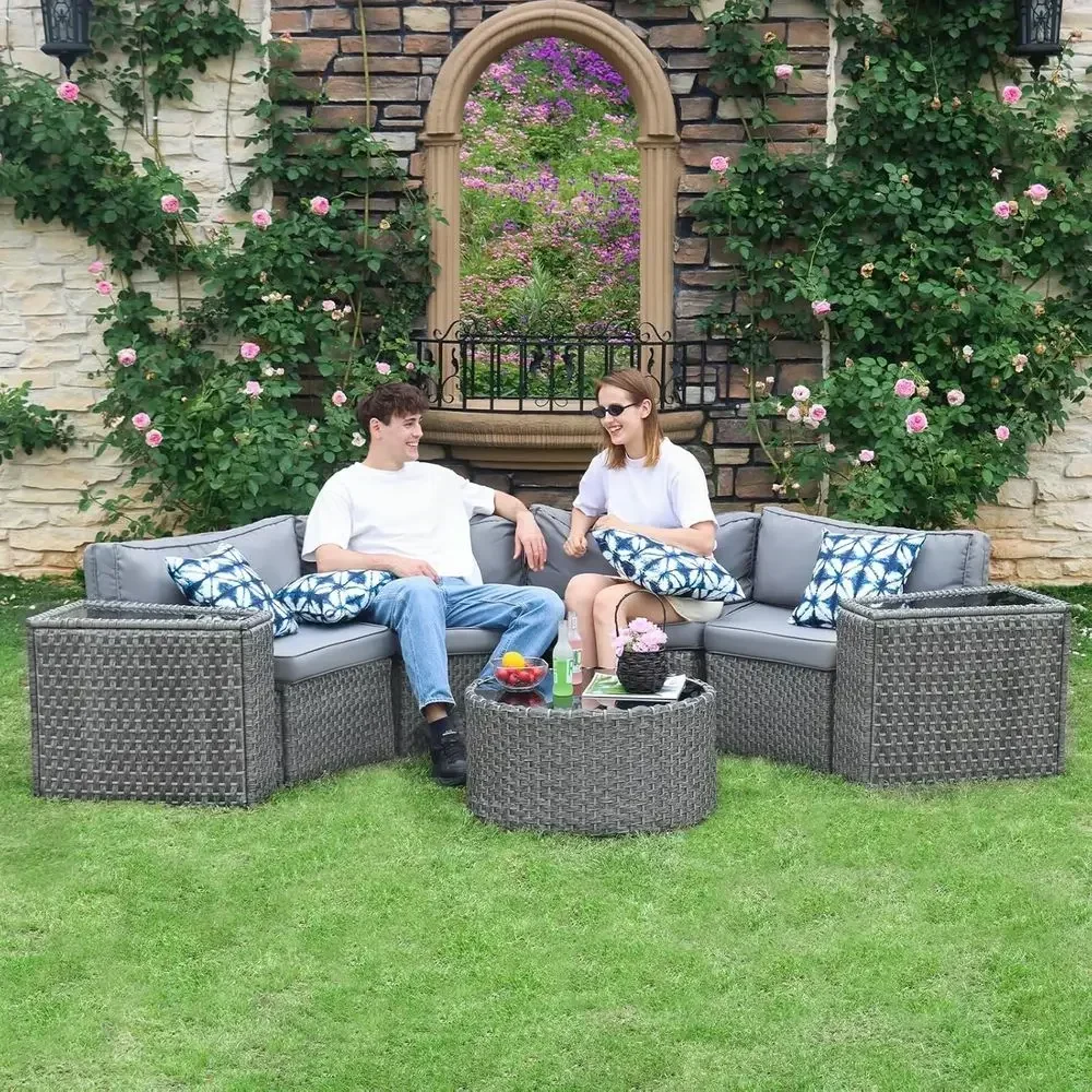 7-Piece Wicker Outdoor Sectional Sofa Set with Curved Sofa and Round Table, Grey Rattan