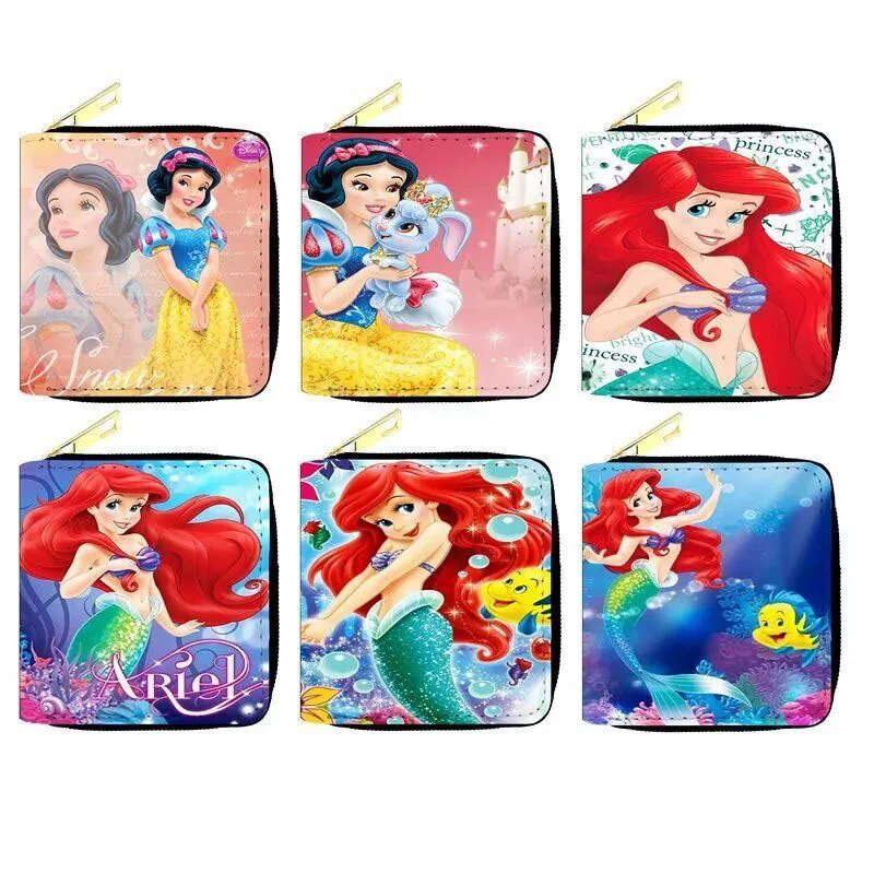 Disney Snow White & Mermaid Princess Women Short Wallet PU Leather Small Coin Purse Credit Card Pouch For Girls  Portefeuille