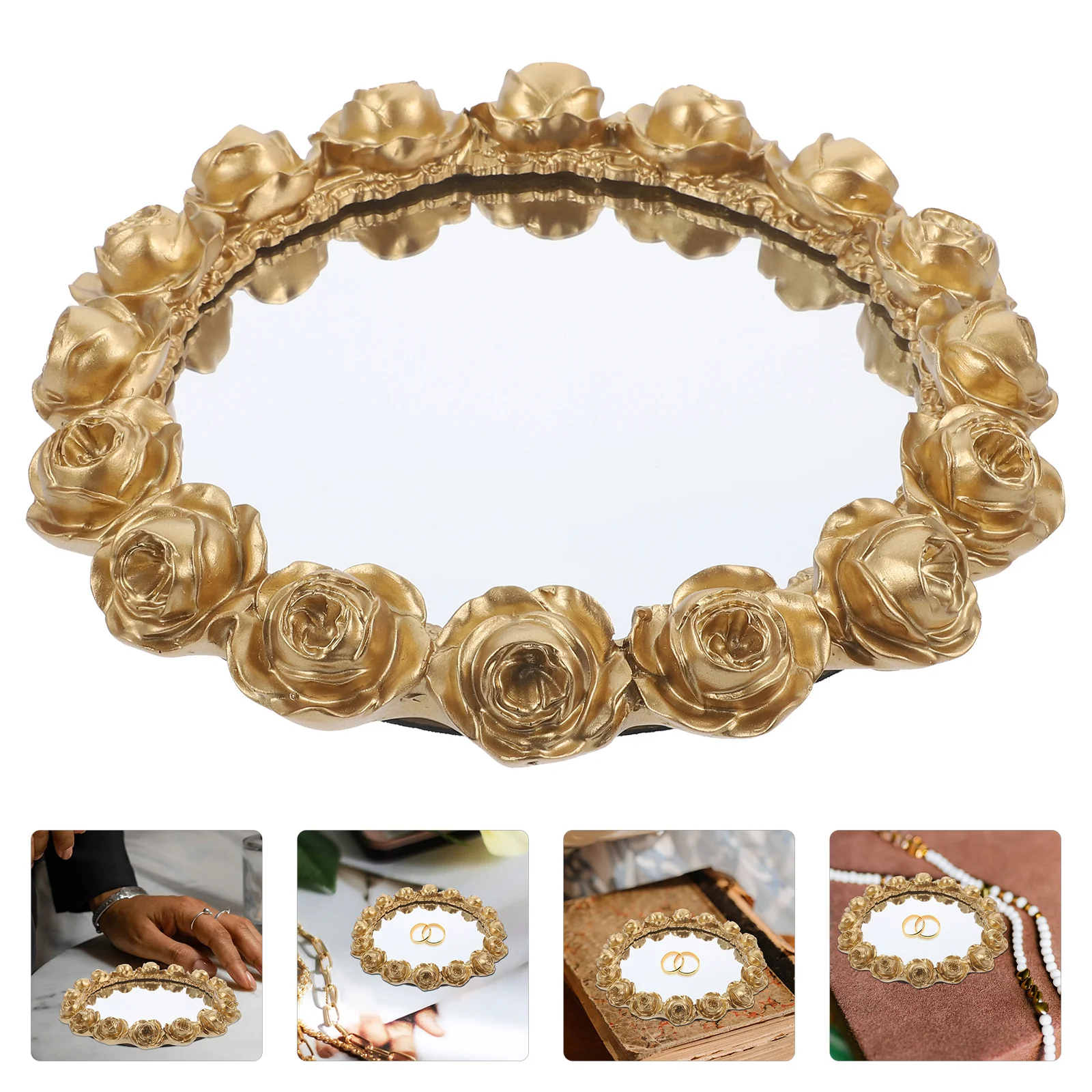 

Round Mirror Rose Tray Decorative Gold Perfume Organizer for Dresser Tabletop Jewelry Display Fruits Desserts Sushi Serving