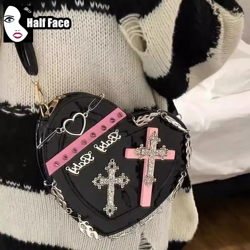 Y2K dziewczęce Harajuku gotycka torebka w kształcie serca spersonalizowany projekt Lolita na jedno ramię punkowy krzyż damska torba Crossbody