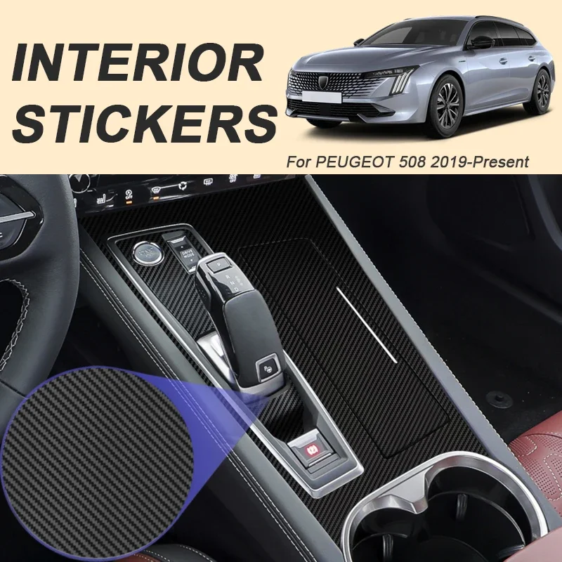 Car Carbon Black Sticker Gear Box Panel Decal Inner Protective Film Decoration Auto Accessories For PEUGEOT 508 2019-Present