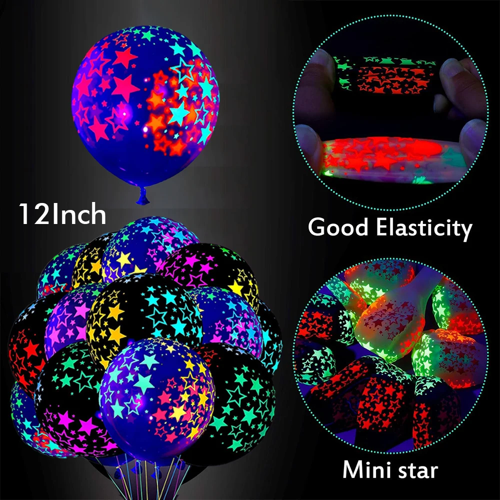 12inch Light Fluorescent Neon Star Blacklight Latex Balloon for Glow In The Dark Birthday Party Supplies Wedding Arch Decoration