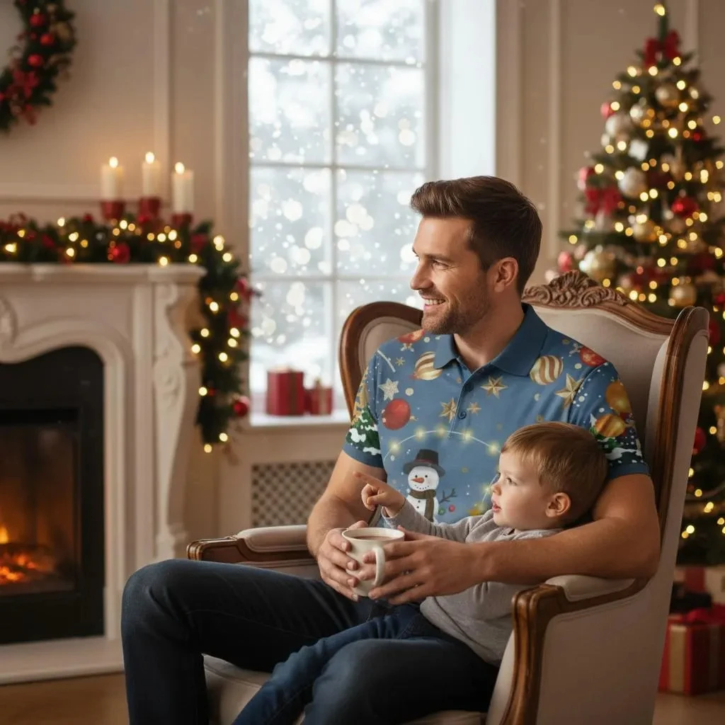 Unisex Christmas Polo Shirt – Holiday Party Polyester Top With Snowman, Tree & Santa Print 2026