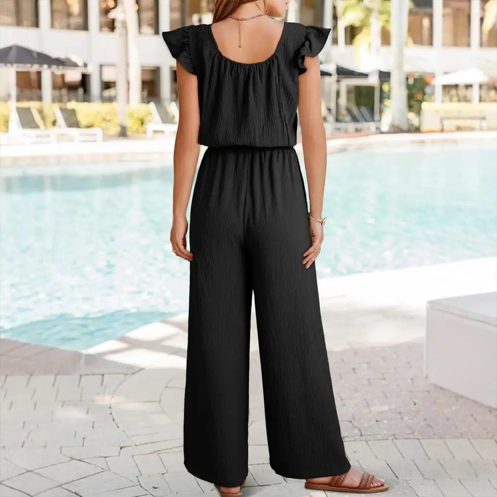Повседневный комбинезон с широкими штанинами для женщин. Стильные женские летние комбинезоны. Комбинезоны с рюшами и короткими рукавами. Комбинезоны на шнурке для женщин.