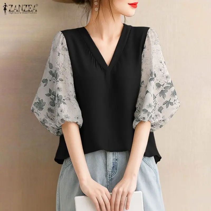 Vrouwen Zomer Patchwork Blouse 2025, ZANZEA Elegant Office Shirt Stijlvol Casual V-hals 3/4 Mouw Tuniek Tops Vrouwelijke OL Werk Blusas