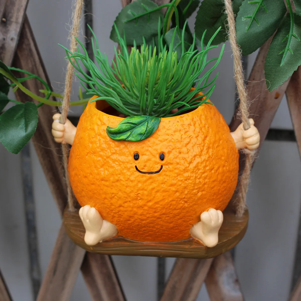 

‌Hanging Orange Swing Planter - Cute Resin Flower Pot for Succulents, Indoor/Outdoor Decor