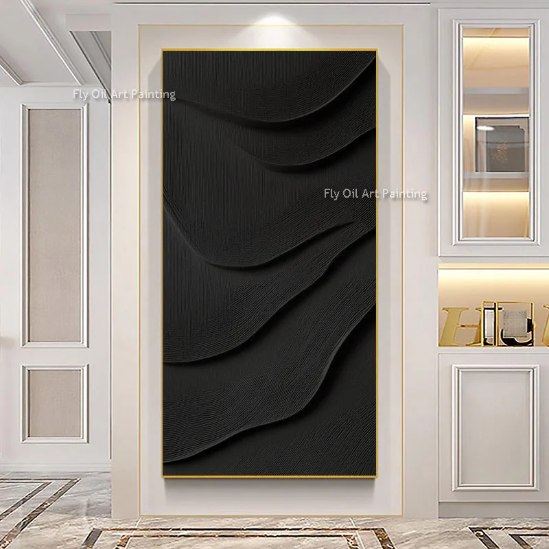 Original Handmade Abstract Canvas Oil Art, Solid Black Layered Wave Thick Texture Painting, Contemporary Tall Wall Art