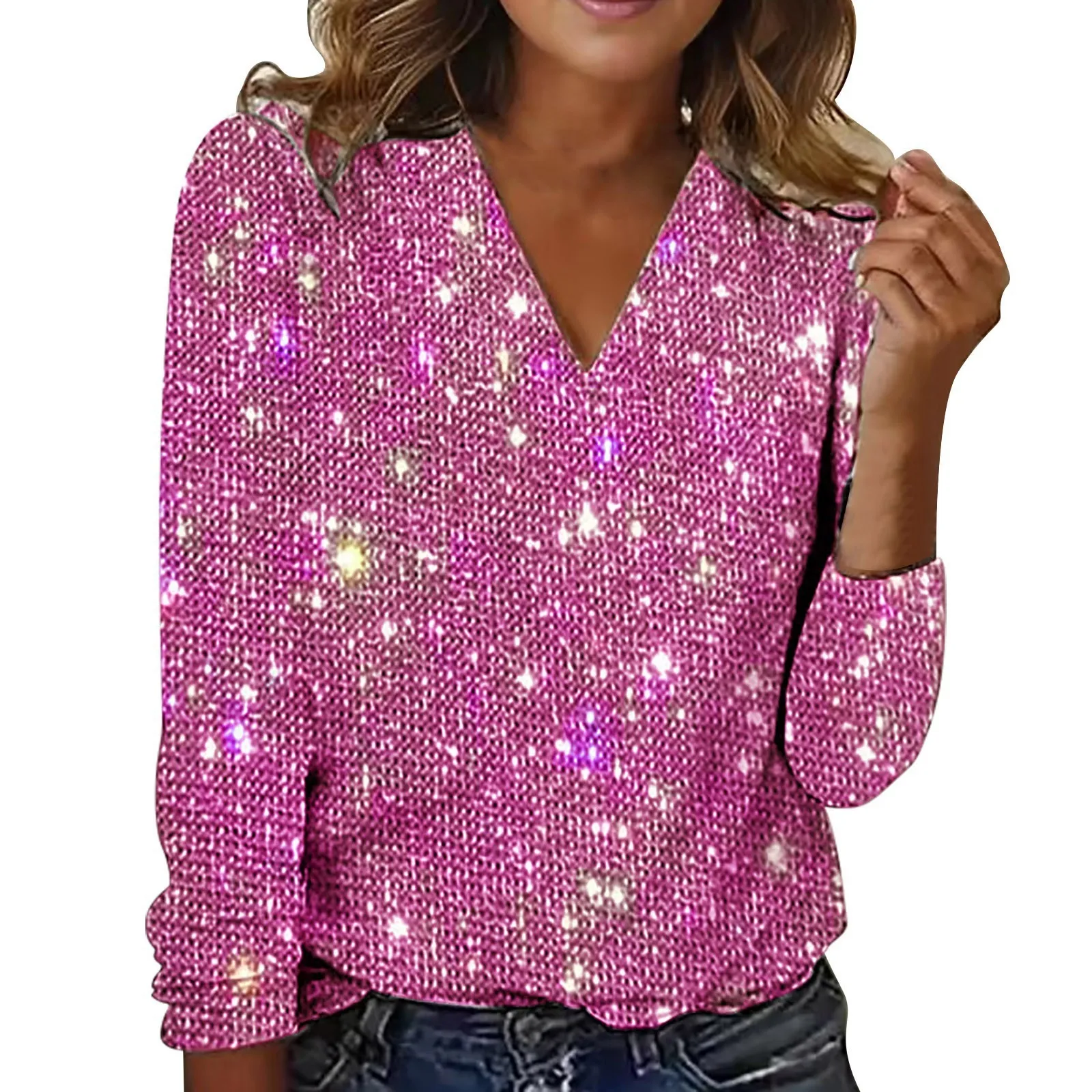 Elegant Women Blouse Sequin V Neck Long Sleeve Blouse Soft Pullover for Women Breathable Fashion Commute Club Party Shirt Top