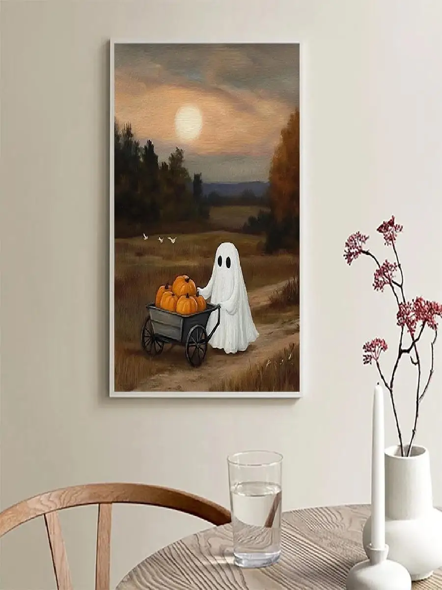 Spooky Witch Cat Reading Pumpkin Landscape Halloween Poster Canvas Wall Art Home Decoration