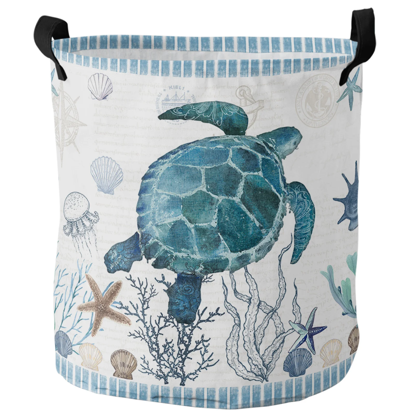 Mediterranean Sea Turtle Stripes Dirty Laundry Basket Waterproof Clothes Organizer Folding Basket Laundry Hamper Storage Basket