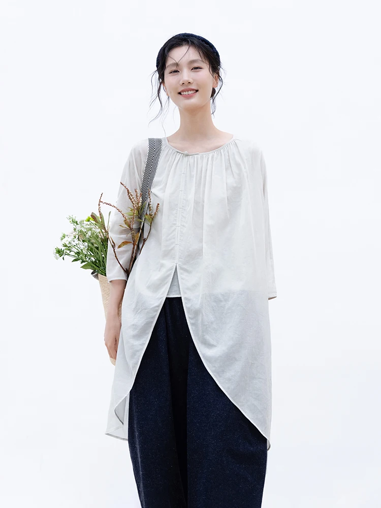 

Новая коллекция Le: Летний тонкий топ в китайском стиле, имитация двухслойности, длинный, бежевый, 100% хлопок, комфортный, дышащий, женский...