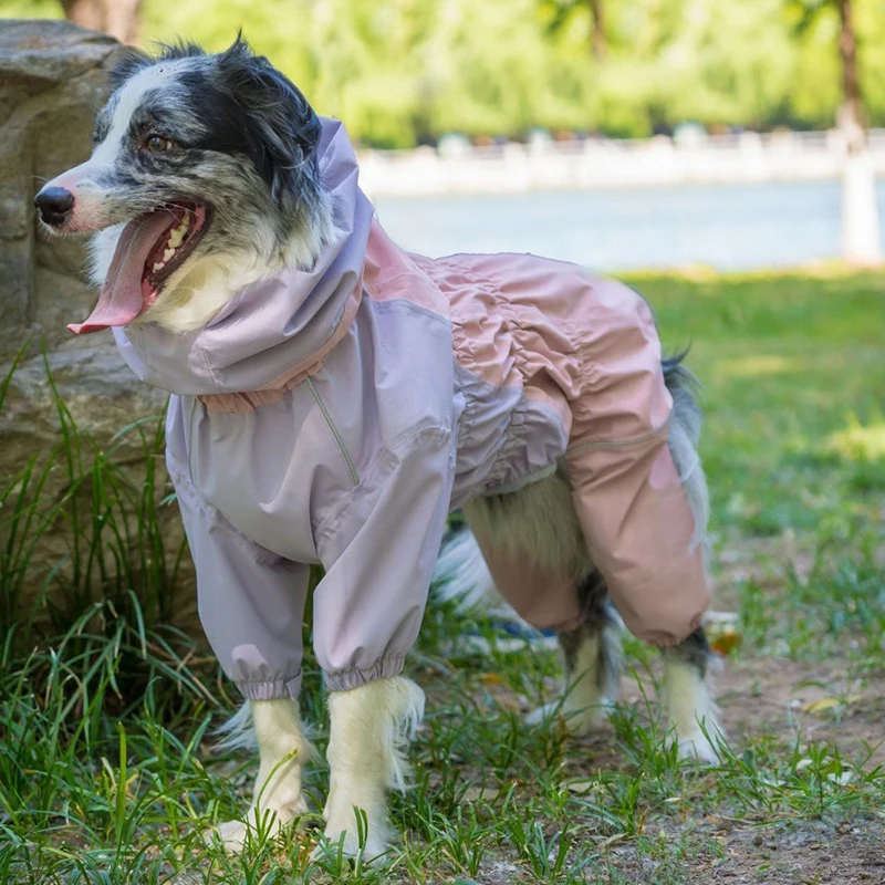 

Four Legged Protection Suit Dog Raincoat With Reflective Stripe Dog High Neck Hooded Stormcoat Clothes Windproof Dog Clothing