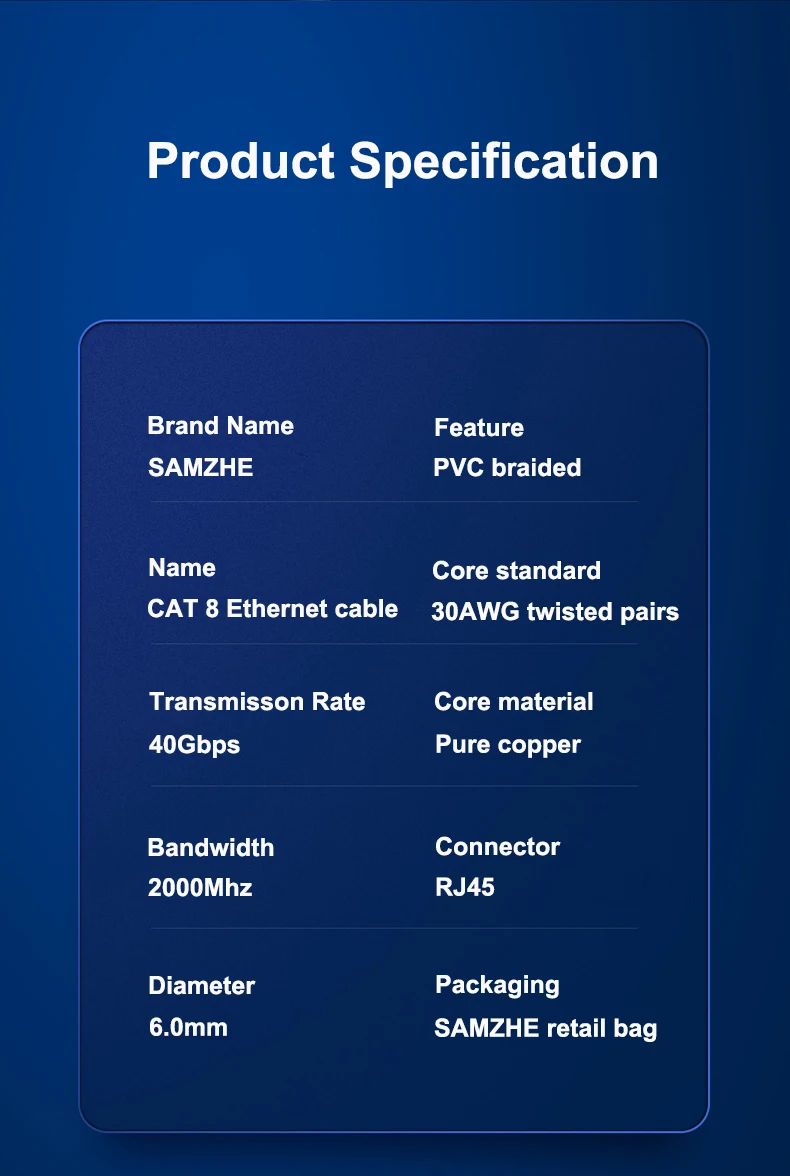 Samzhe Cat8 Ethernet-Kabel SFTP 40 Gbit/s 2000 MHz RJ45-Netzwerkkabel Vergoldeter Anschluss für Router-Modem CAT8/7/6 LAN-Kabel – Detail 8