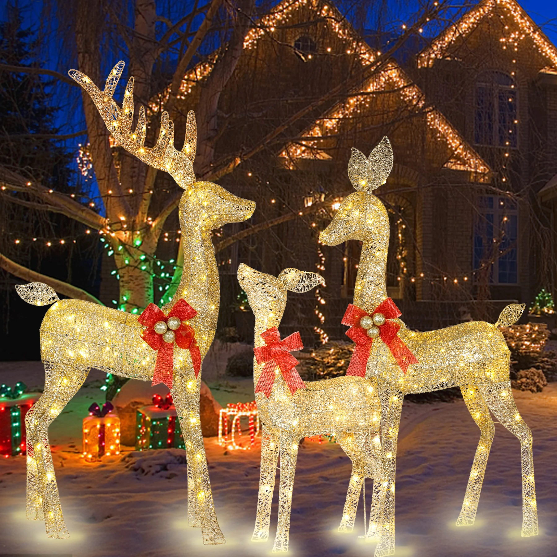 Kit de décoration de jardin extérieur avec 210 lumières LED, famille de rennes 3D, cerf lumineux, piquets, décorations de Noël en plein air, 3 ensembles