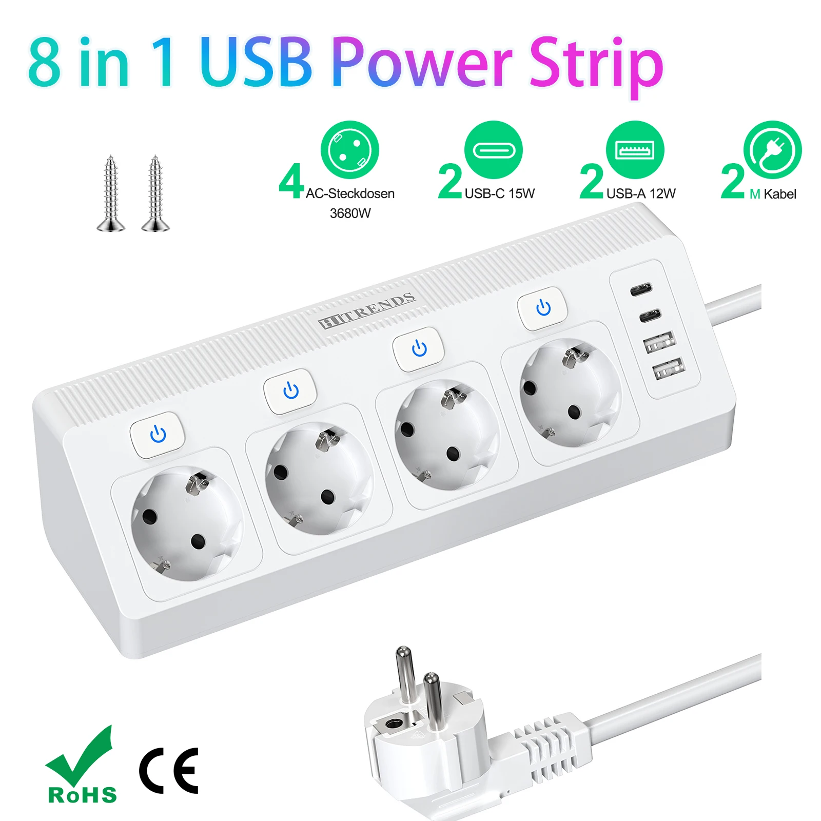 HITRENDS EU Corner Socket Surge Protection with USB and Type C Ports, 4-Way Power Strip 3680W 2m Extension Cord for home