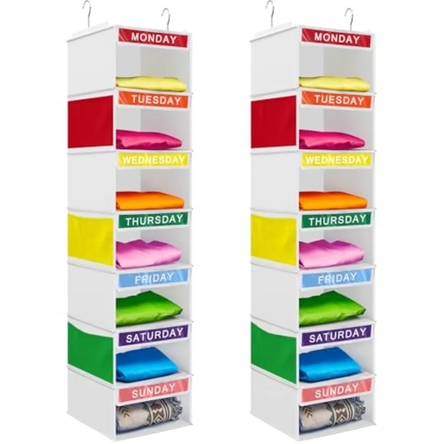 

2 Pcs 7 Shelf Weekly Clothes Organizer for Hanging Closet Organizer 11. 8 x 11. 8 x 50 Inch Daily Activity Clothes Storage Draw