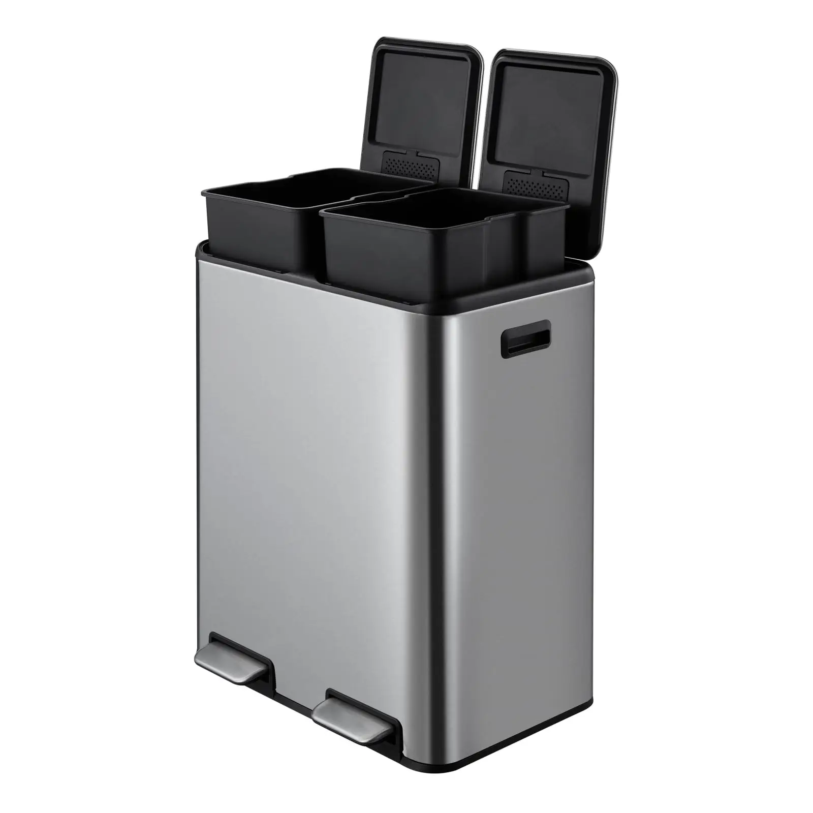 16 Gallon (60L) Dual Compartment Kitchen Trash Can, Stainless Steel Garbage & Recycling Bin with Soft-Close Lid, Hands-Free Foot Pedal & Removable Inner Buckets for Home, Kitchen & Office