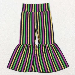 Wholesale Children Mardi Gras Clothes Kid Infant Purple Green Stripes Long Bell Pants Toddler Spring Clothing Baby Girl Trousers