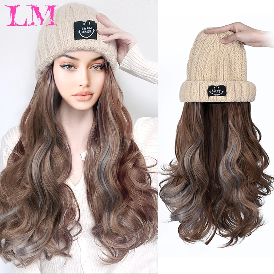 

LM Long Straight Hat Wig Natural Brown Wigs Connect Synthetic Synthetic Knitted hat Hair Wig Hat Wig Adjustable For Women