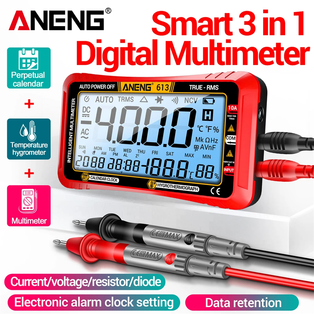 Multímetro Digital Inteligente ANENG 613 3 em 1, Testador de Corrente AC/DC, Tensão, Resistência, Diodo, 4000 Contagens, Temperatura e Higrômetro