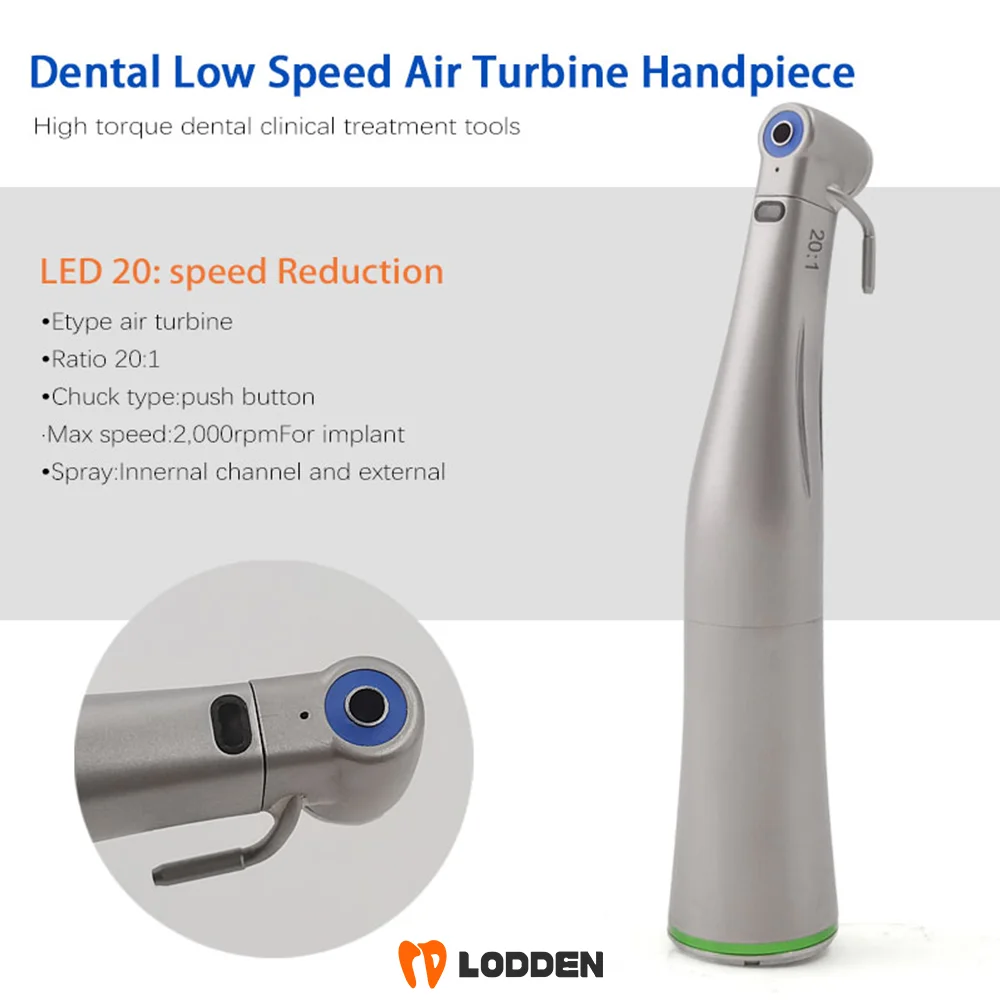 

LODDEN 20:1 Speed Reduction Inner Channel Dental Low-Speed Air Turbine Handpiece with LED Optic Push Button 2,000rpm Hand Piece