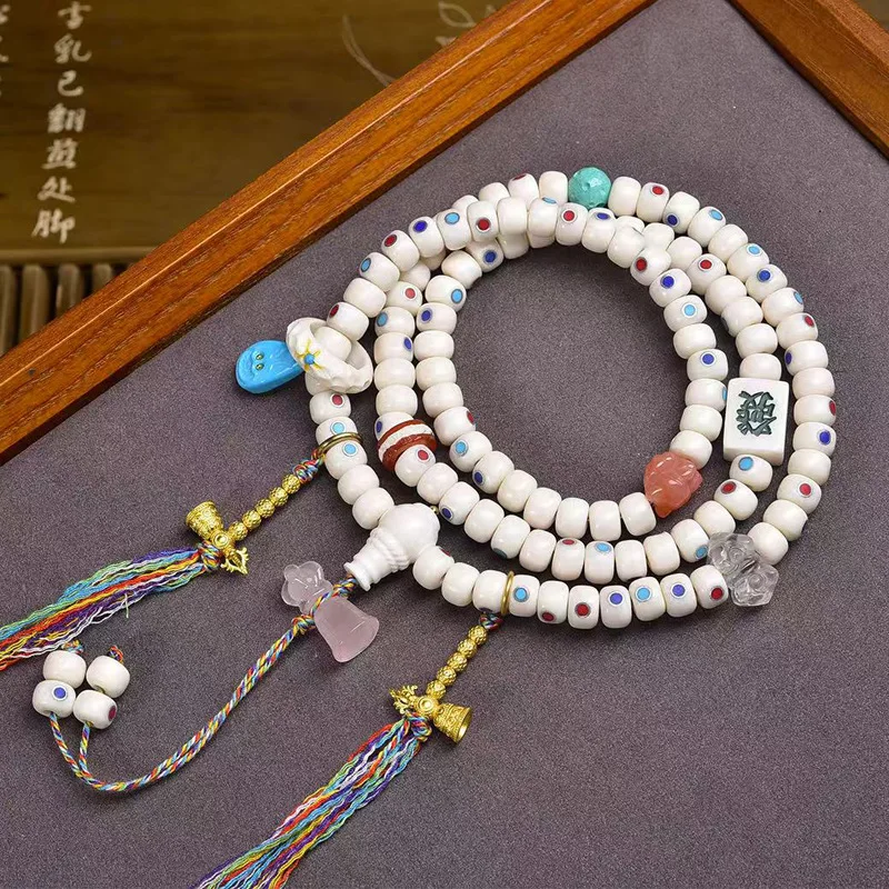 

Bone Old Silver Inlaid Duobao 108 Pieces Buddha Beads Rosary Multi-Wrap Bracelet