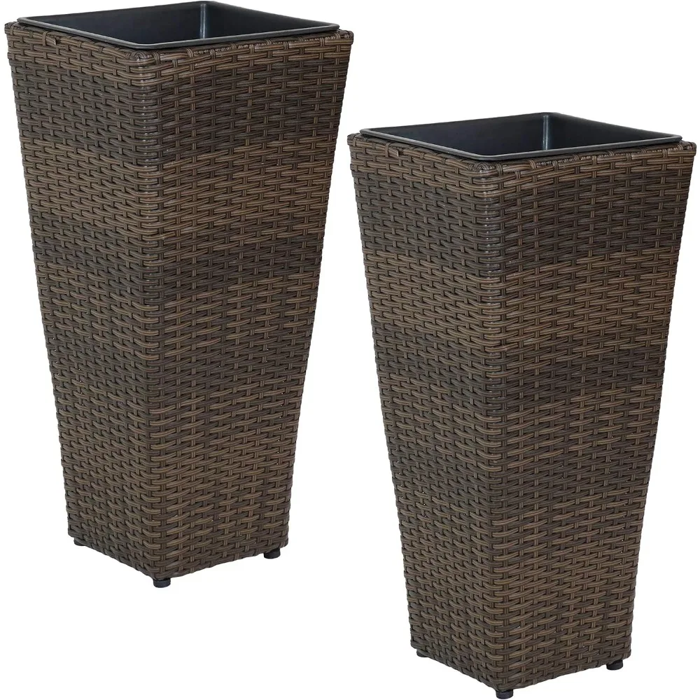 Square Polyrattan Indoor/Outdoor Planter - 24-Inches Tall - Set of 2 - Brown