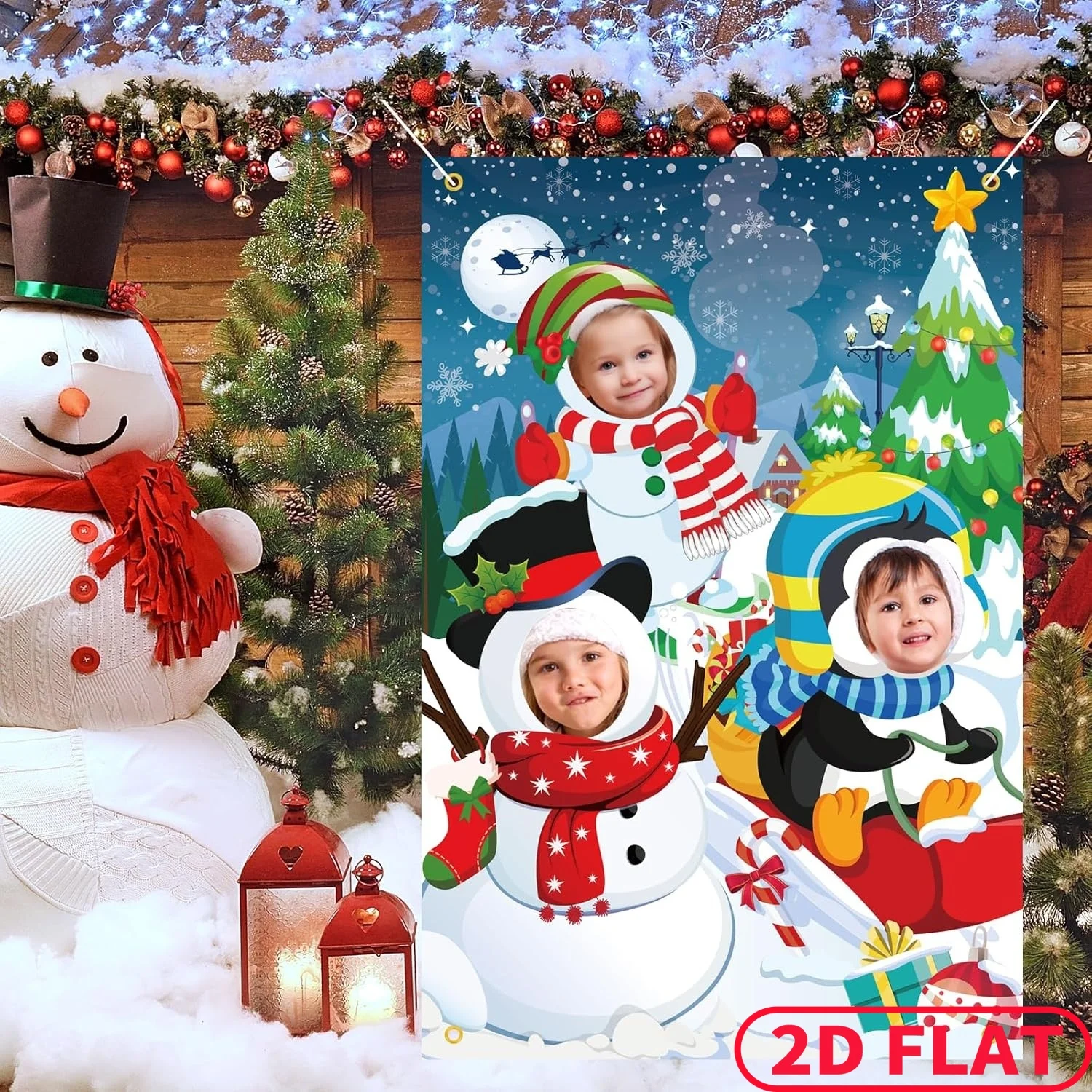 

1pc Snowman Penguin Party Banner, Christmas Face in Hole Photo Door Cover, 39x59 Inch, Durable Polyester Fabric, Christmas Pho