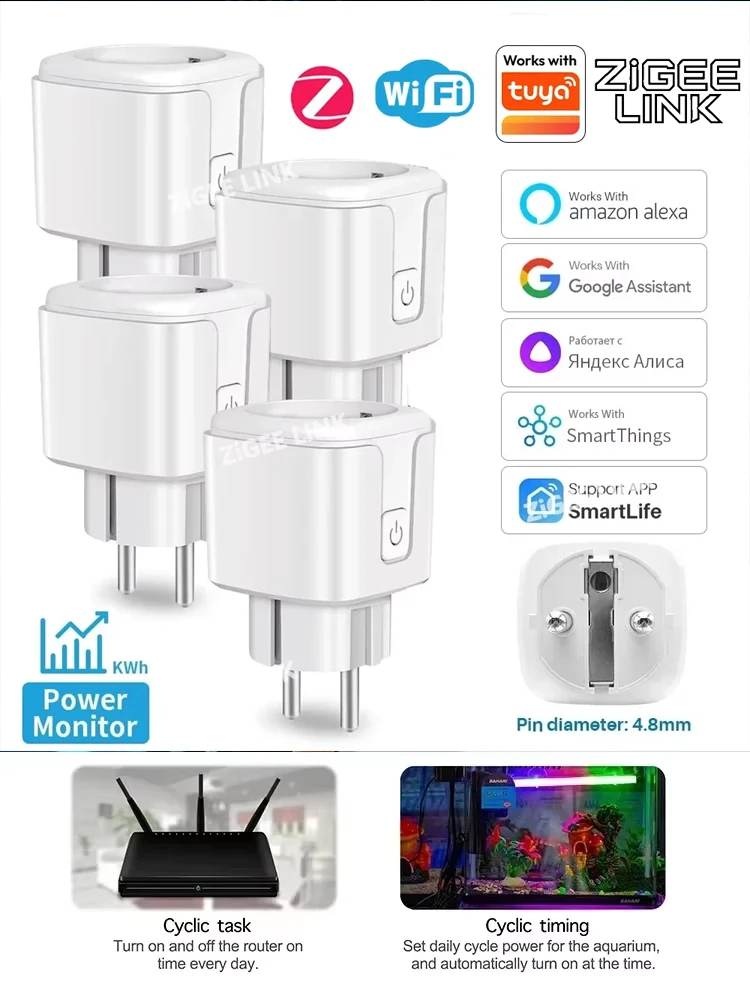 ZigBee EU-Stecker 16A/20A Smart Plug mit Energieüberwachung, Fernbedienung, Timer, Sprachsteuerung, Kompatibel mit Tuya, Alexa, Google Home