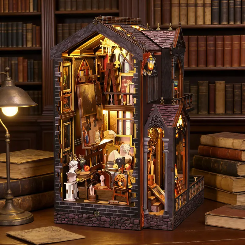 

3D Wooden Book Nook Kit Gothic Art Studio DIY Miniature Dollhouse with LED Light Bookshelf Insert Home Decor Gift for Book Lover