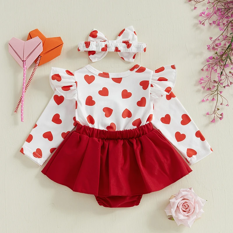 SUNSIOM Newborn Girl Valentine’s Day Clothes Long Sleeve Cartoon Cat Heart Print A-line Romper Dress Bowknot Headband Outfit