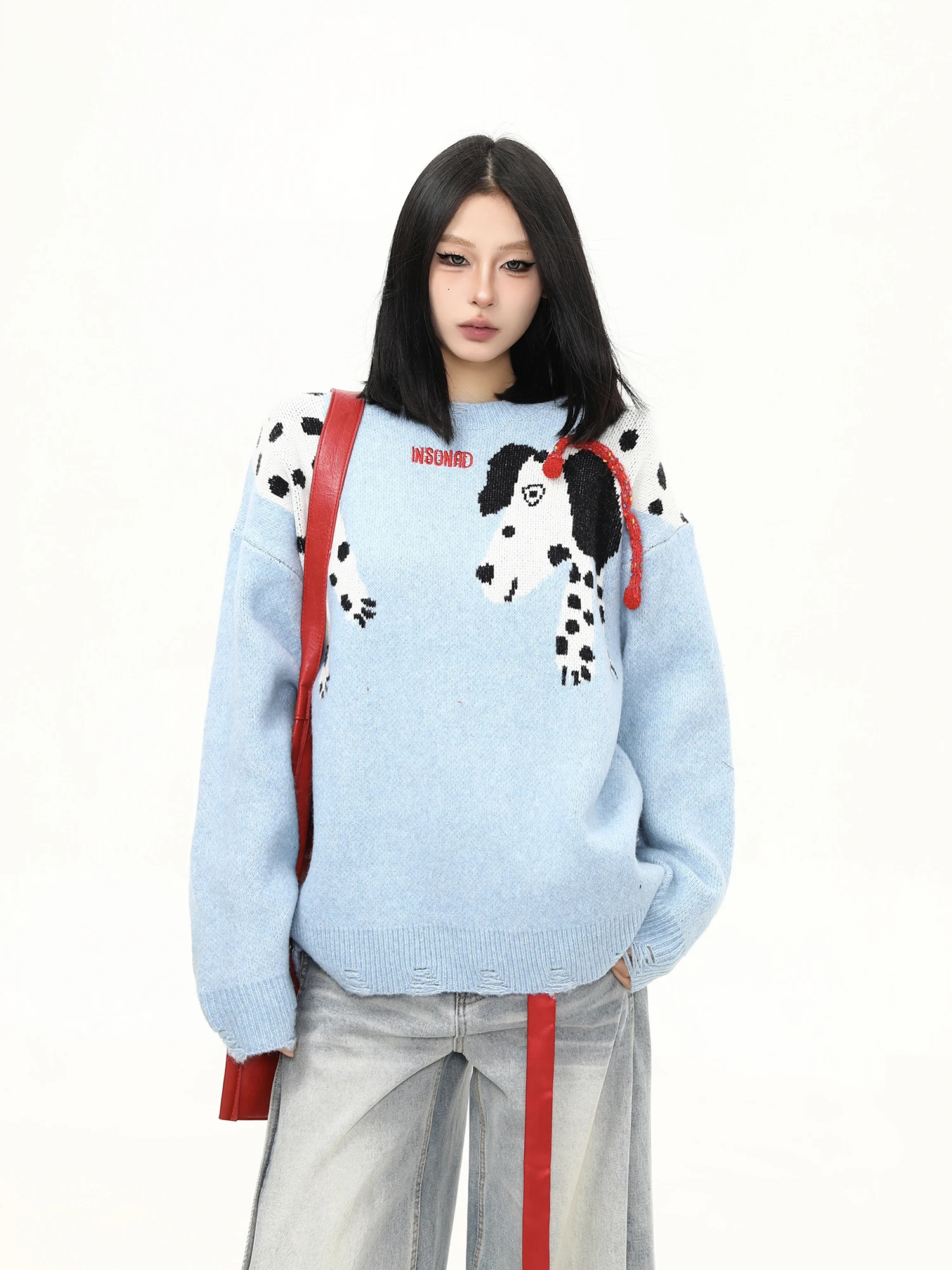

Wild American Retro Cartoon Knitted Sweater Women's Loose All-Match College Lazy Sle Top Trendy Long Sve round Ne Warmth