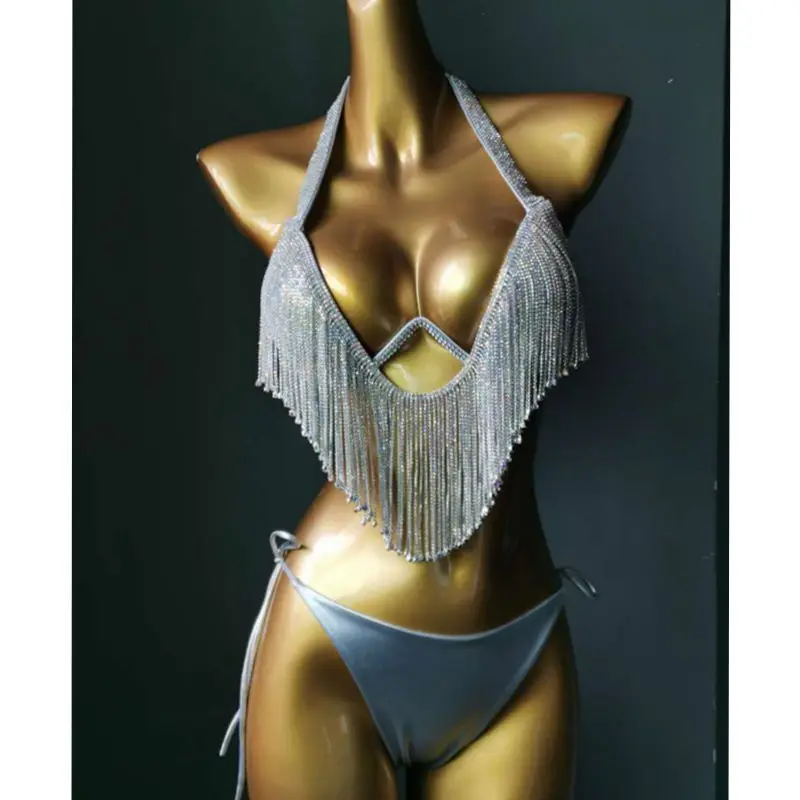 Body Chain Crystal Tassels Chest Chain Bikini Three Point Thong Beach Outfit Fringe Skirt Waist Chain Abdominal Chain Swimsuit