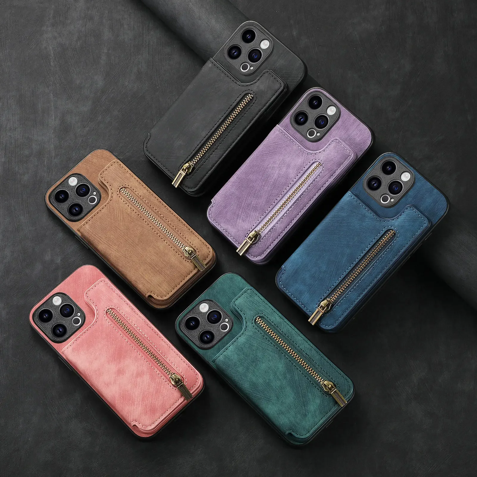 Leather Zipper Wallet with Card Holder Phone Case for IPhone 15 14 11 Pro Max 13 12 Mini X XR XS Max 8 7 Plus Shockproof Cover
