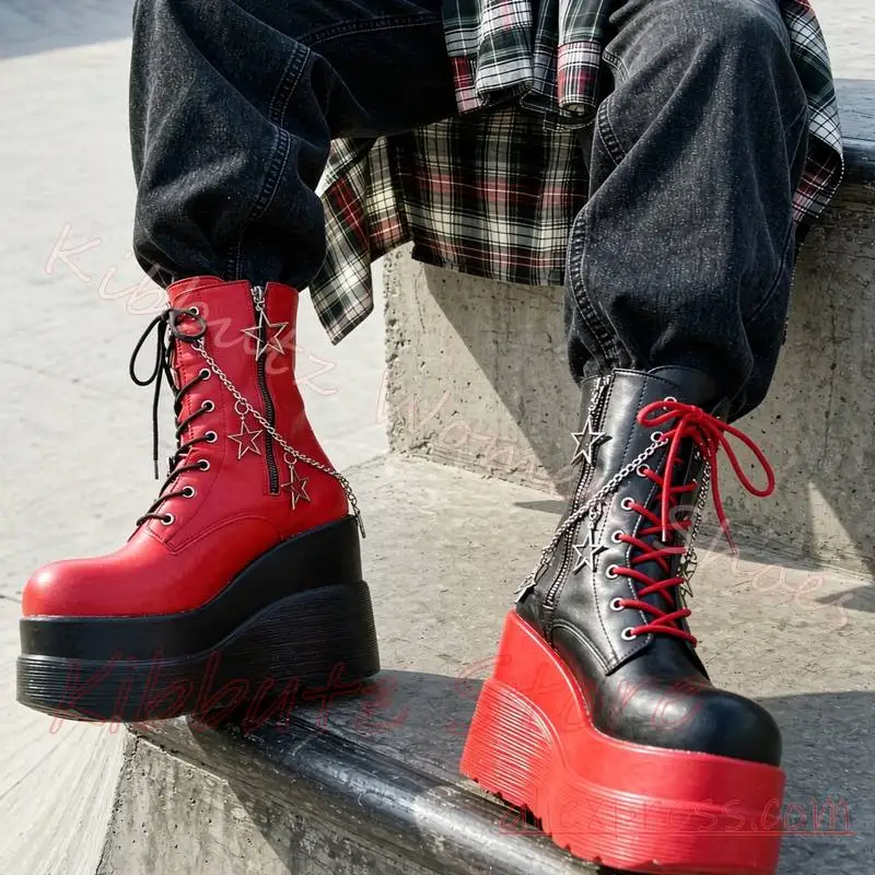 Platform Ankle Boots Women Lace Up Star Chain Charm Side Zip Round Toe Punk Goth Rave Party Streetwear Shoes Mixed Color Fashion