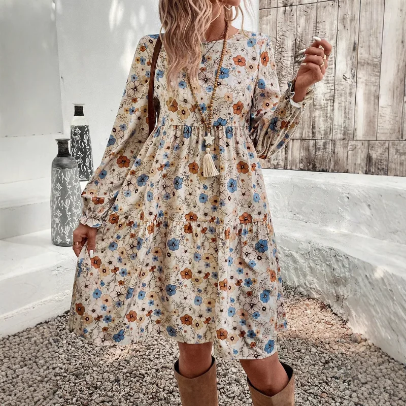 

Женское французское повседневное элегантное платье с рукавами-фонариками и длинными рукавами с принтом