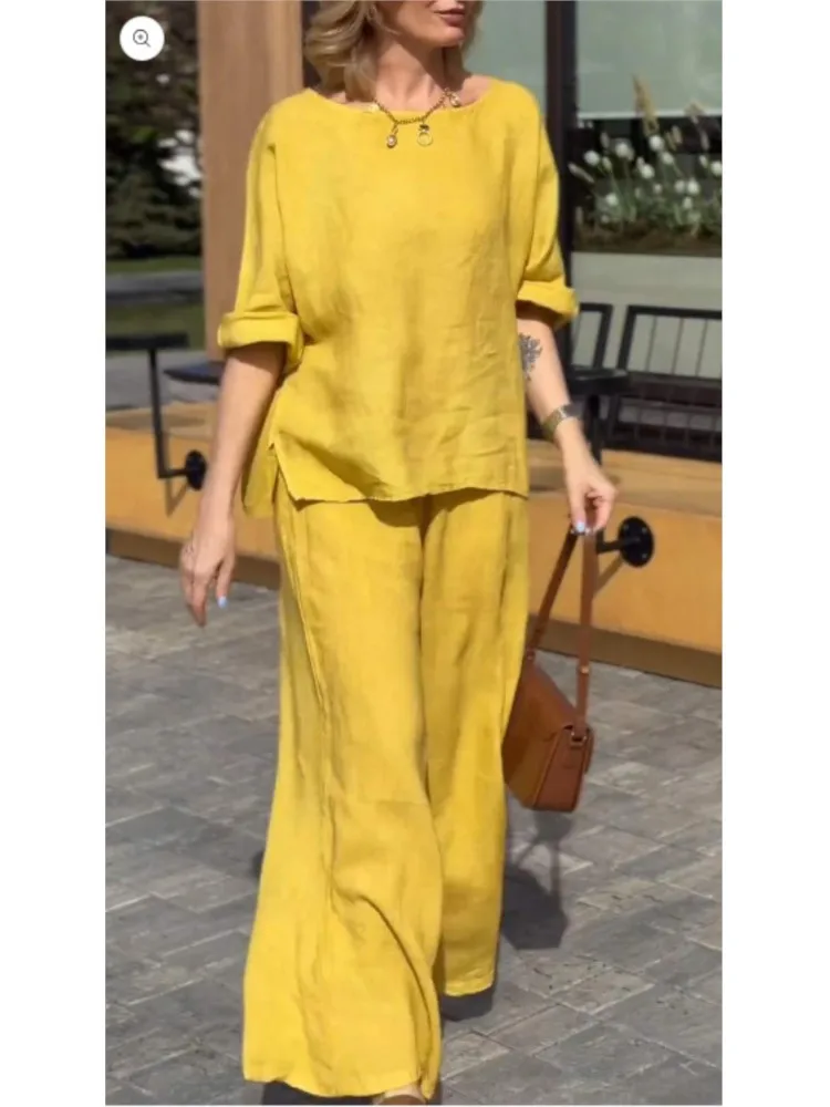 Summer Solid Color Linen Suit Women\'s Fashion Loose Blouse Tops & Casual Wide Leg Pants Two-piece Sets Women Outfits Autumn New