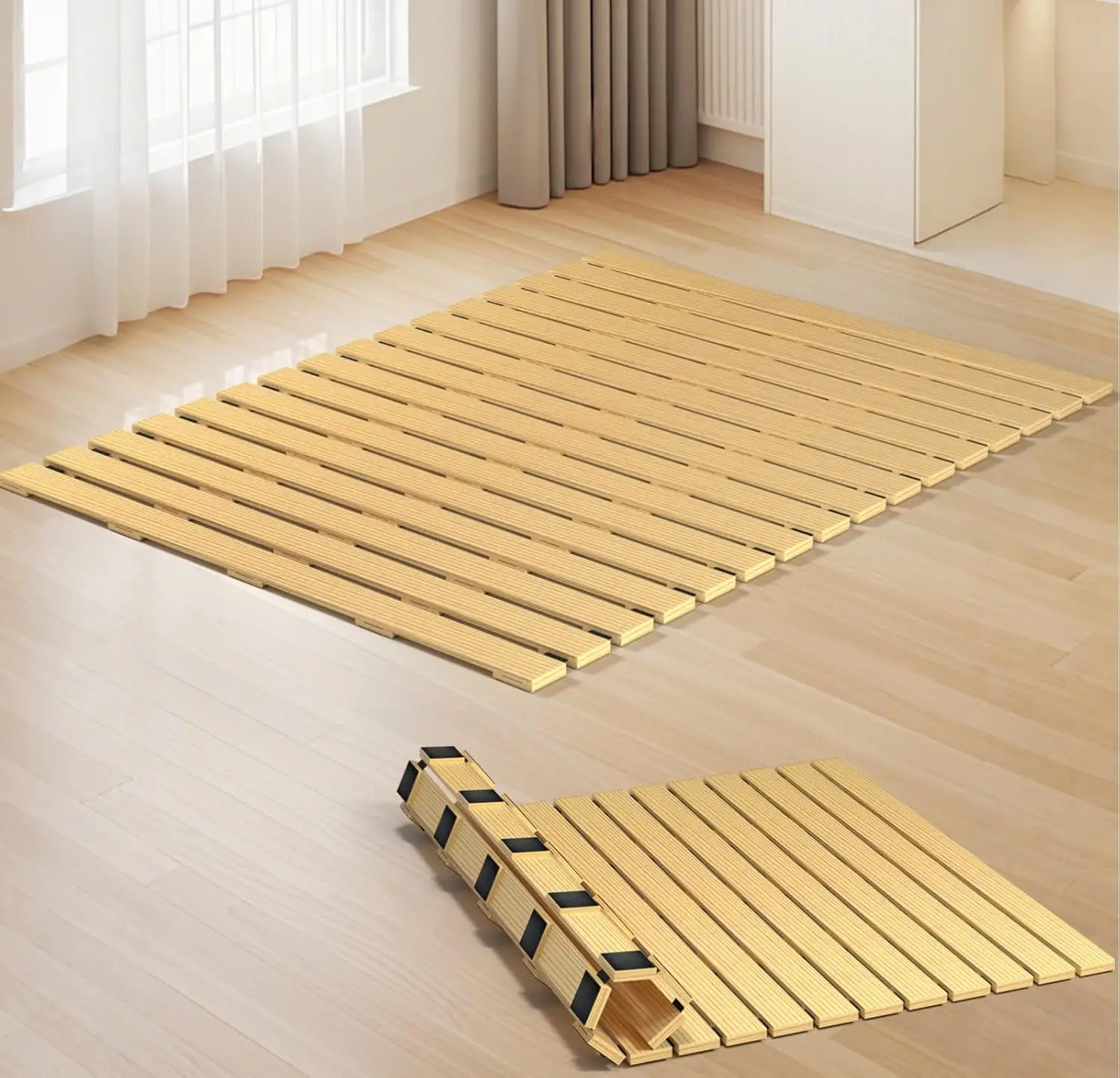 Japanese Tatami Mat Floor Bed, Knotless Solid Wood, Roll-Up Slatted, Bed Plate with 2 Storage Straps, Moisture-Proof and Breatha