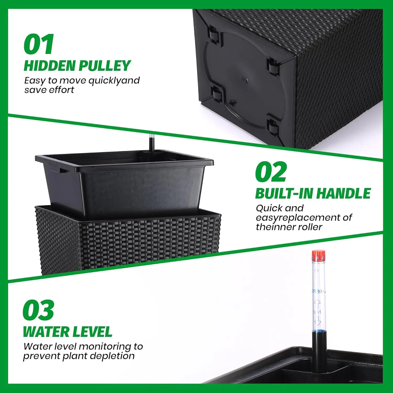 30 Inch Tall Planter Set of 2 Large Rattan Flower Pot with 2 Trays & a Water Level Monitor & Wheels Outdoor and Indoor for Patio